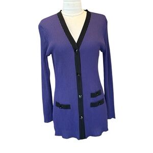 MISOOK Elegant Purple V-Neck Cardigan Sweater Ribbed Size Extra-Small